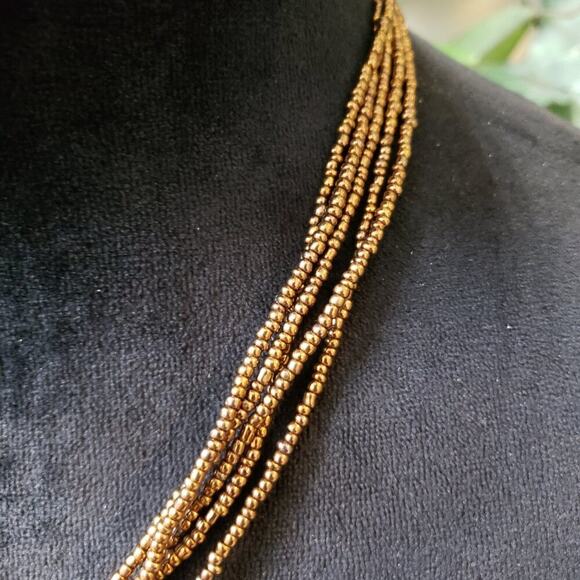 Womens Multi Strand Metal Gold Seed Beads Disk Pendant Necklace with Lobster - Picture 5 of 7